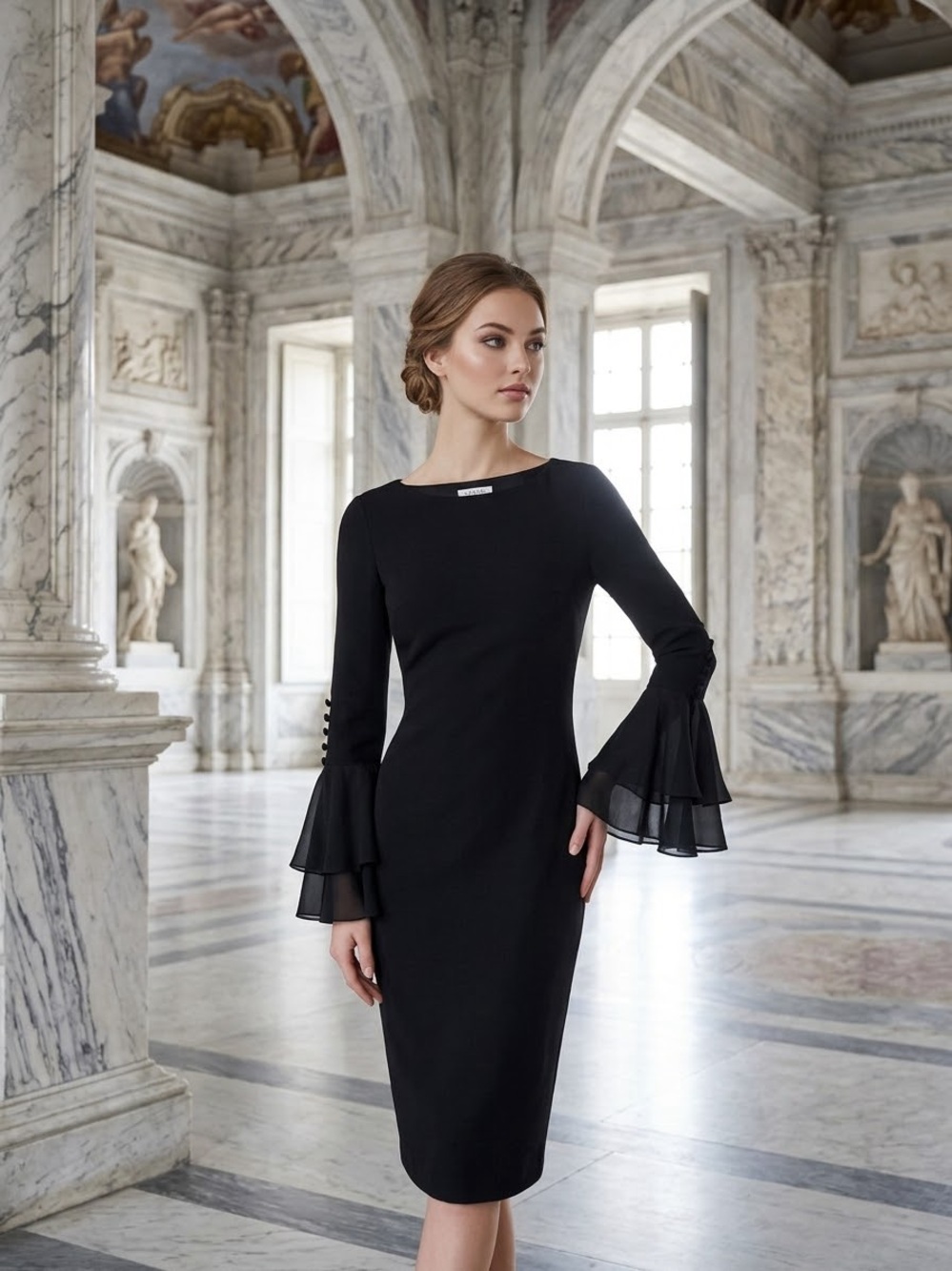 Calvin Klein Black Midi Dress with Layered Bell Sleeves